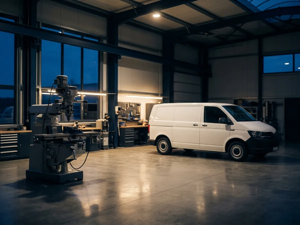 Business equipment and a commercial vehicle in a clean workshop