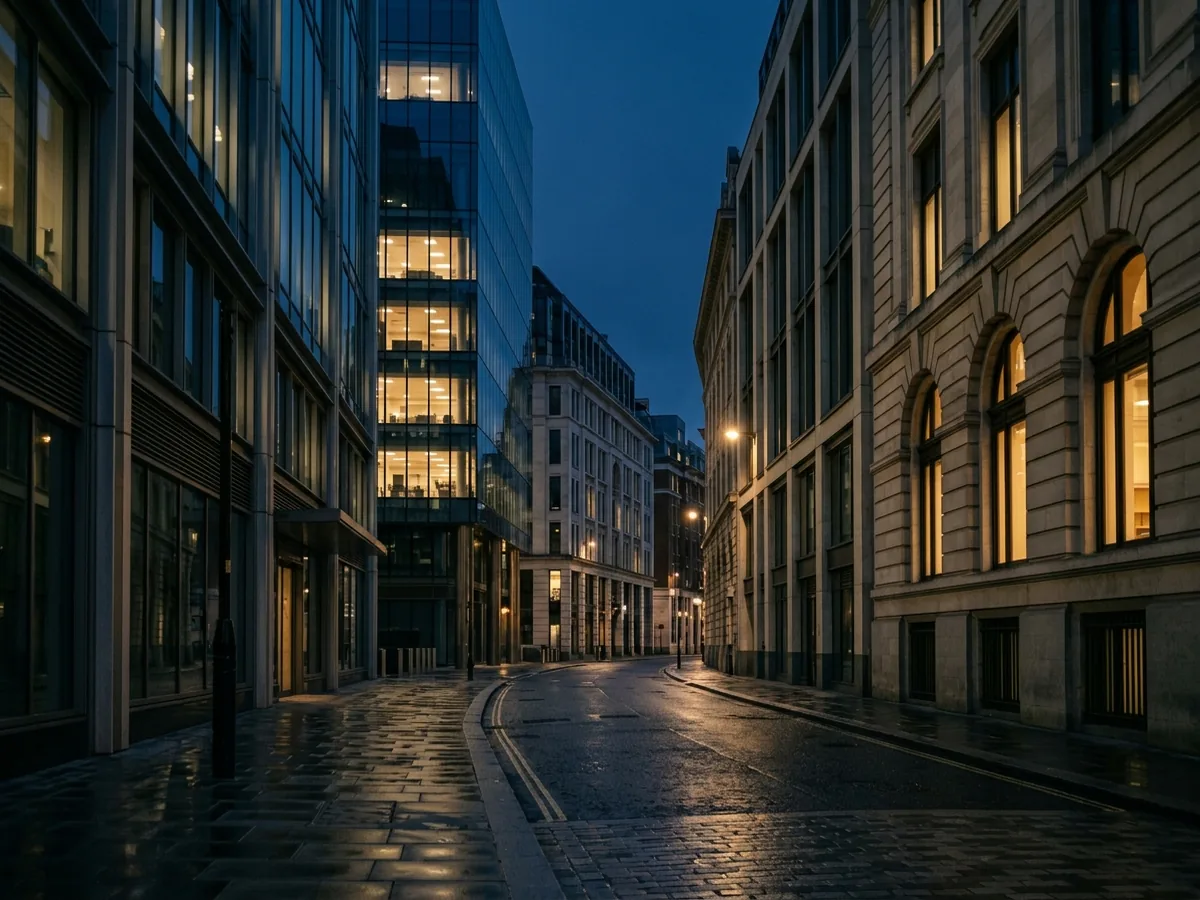 City office buildings at dusk with warm light in the windows