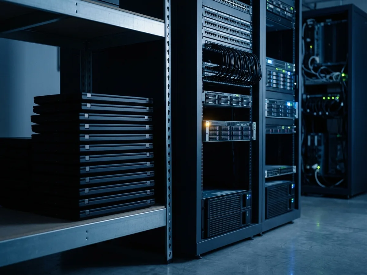 Business laptops and a server rack in a clean room