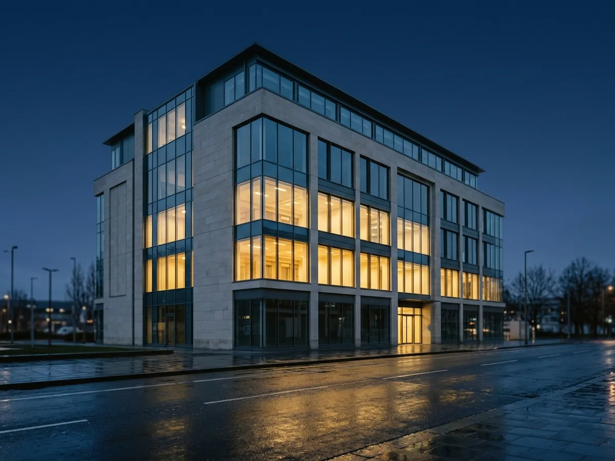 Commercial office building at dusk